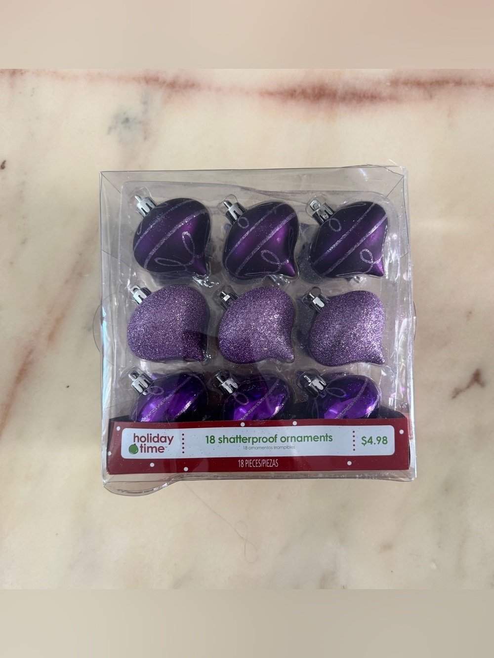 Holiday Time Purple Shatterproof Ornament Assortment, 18-Pack